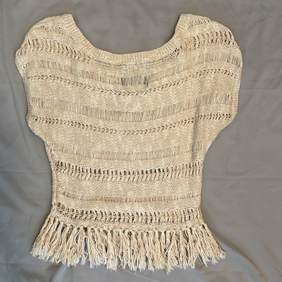 American Eagle Open Woven Knit Fringe Tassel Cream Sweater Top Women’s Size XS - Picture 2 of 6